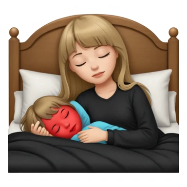 Young woman with long dark blond hair all around her, and a bang, sleeping in bed  with black pyjama  sticker