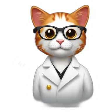 A red cat in a white coat with a feather behind his ear and full-length black glasses with atoms above his head sticker