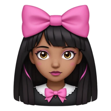 brown skin, straight hair with the ends curved upwards, bangs above the eyebrow, dark brown eyes, girl, half gothic and pink style   sticker