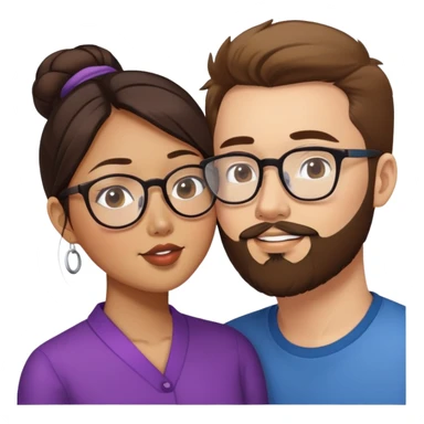 Asian American woman without glasses kissing a white guy with brown hair and the white guy has beard stubble and white guy has glasses and Asian American woman does not have glasses sticker