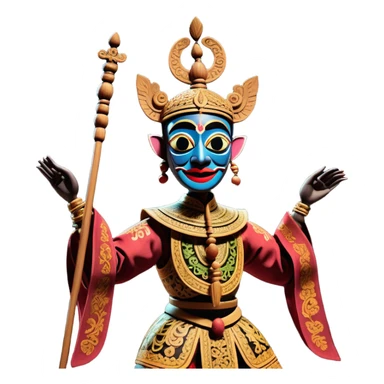 Golek Ayun-ayun – Cinematic Realistic Wayang Golek Ayun-ayun, depicted as an intricately carved traditional wooden puppet with vibrant painted details and expressive features, set on a dimly lit stage with dramatic shadows that evoke centuries of Indonesian theatrical heritage, rendered with lifelike textures and subtle ambient glow. sticker