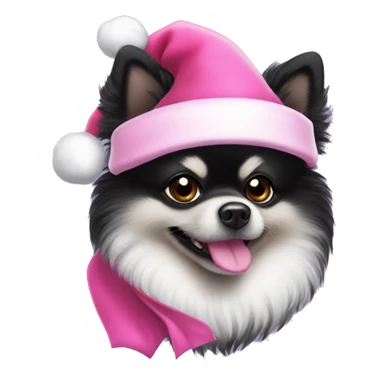 Black Pomeranian with white snout wearing a pink Santa hat sticker