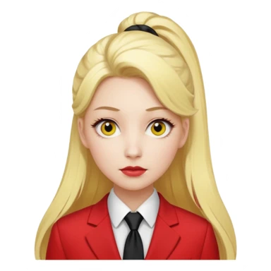 Woman with porcelain white skin, thick blonde hair that's in a thick, long ponytail, has a black tipped nose, yellow scleras, red pupils, and a red suit with a black tie. sticker