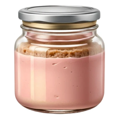 small glass jar filled with coarse beige to light pink pâté, smooth slightly uneven surface, metal lid, visible layers of texture through transparent glass, fine fat cap on top, no label, no garnish, no bread, sealed jar, soft lighting, subtle shadows, emoji scale sticker