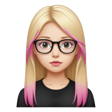 Teenage girl taking a selfie in a school bathroom. Long straight blonde hair with pink dye, rectangular glasses, black shirt, neutral expression with slightly glossy lips sticker