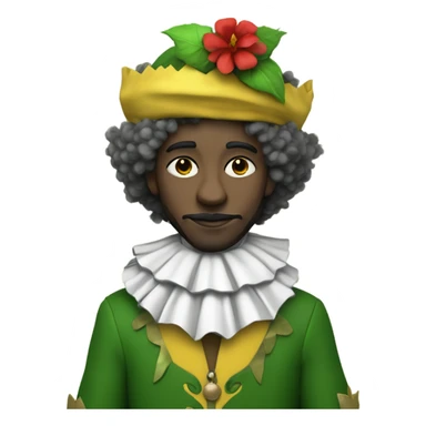 White Person with a half black and yellow jester hat with a red flower ball wearing a half black and yellow jester outfit with a white and grey collar with green eyes and brown fluffy hair sticker