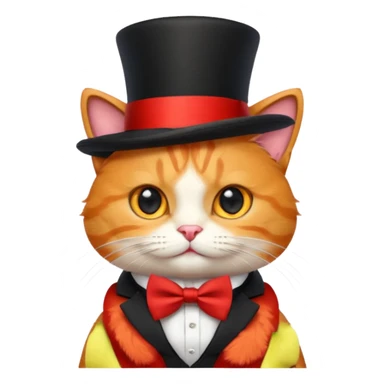 Cute emoji-style orange tabby cat wearing a black top hat with a red band and a red bow tie, big round eyes, fluffy fur, clean mascot style, centered, transparent background, 1:1 ratio. sticker