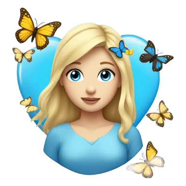 Face with blonde hair blue eyes butterflies and holding a blue heart sticker
