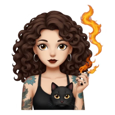 woman with long curly brown hair, brown eyes, white skin, tattoos, black cat turning into smoke and back sticker