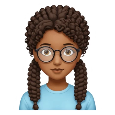 chica morena de ojos claros con gafas negras exagonales redondeadas. y pelo rizado castaño con todo el pelo recogido en una coleta .. Con todo el pelo recogido un clen look solamente una coleta tiene 16 años sticker
