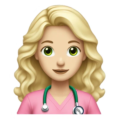 pale blonde girl with long wavy hair and green eyes wearing pink scrubs and stethoscope  sticker