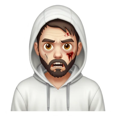 zombie with shocked expression, undercut hairstyle with dark brown hair, short full beard, wearing plain white hoodie sticker