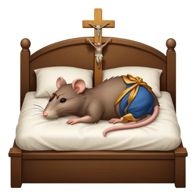 Rat in bed sleeping with crucifix sticker