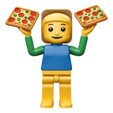 Minifigure: yellow square head  blue square troso rectangular yellow arms and green legs with a pizza on the head sticker