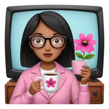 Chica de pelo negro ojos negros y piel morena con lentes oversize square GAFAS DE LEER BIEN GRANDES , en la mano derecha una taza de cafe en color rosa con una flor negra de diseno. Sentada mirando un drama koreano en la television.  sticker