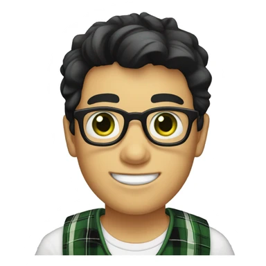 Draw a boy wearing glasses, a white T-shirt with a black plaid shirt over it, smiling, white skin, green eyes, and a nice hairstyle called “curtains” (dark black hair). hair.) sticker