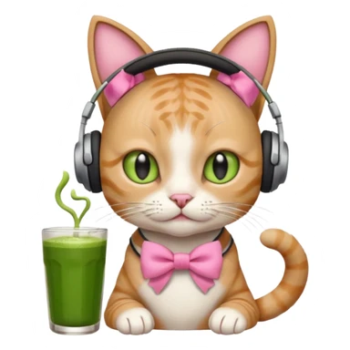A cat wearing headphones with a glass of matcha, a pink bow on his ear sticker