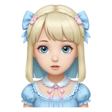 girl , who has straight hair blonde and baby bule swirled hair with bangs , grey eyes , and doll like makeup , in a light pink lolita hime gyaru dress  sticker