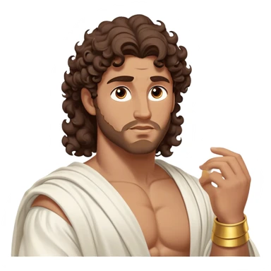 Cinematic Realistic Hercules Portrait, depicted as a classical Greek hero inspired by the Disney version yet echoing the refined proportions and serene dignity of Michelangelo's David. His idealized, tan skin glows with timeless strength, and his thick, curly wavy dark brownhair falls in natural, sculpted curls. Draped in a flowing white robe with delicate golden accents, his expressive eyes radiate determined nobility, all rendered under dynamic natural lighting with a mythic, radiant glow. sticker