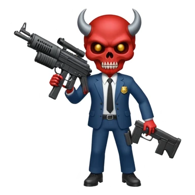 A Demon from hell that is dressed like a fbi agent with a machine gun, full body pointing the machine fun to the left. In the style of your bleeding skull artwork. Just one machine gun sticker