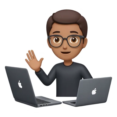 A dark-colored laptop with the screen open. From the screen, a person is emerging, giving a lecture or teaching. The person should look expressive and in a teaching pose. Soft shadows, semi-3D emoji style, clean background. sticker