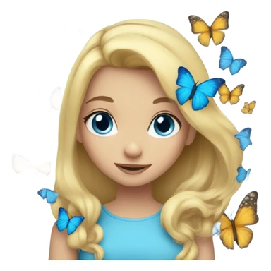 Girl with blonde hair blue eyes butterflies and holding a blue heart sticker