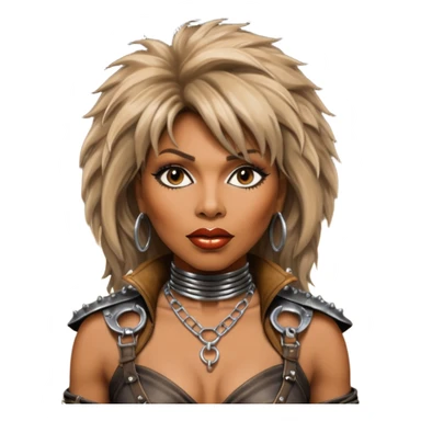 solarpunk ultra HD - portrait of Tina Turner in costume from the movie Mad Max Beyond Thunderdome, dramatic backlit by silver spotlights sticker