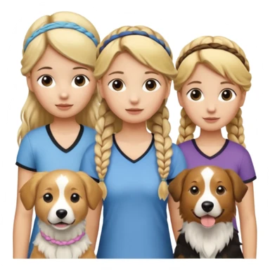 a group of 5 girls two blonde hair tied down one with a golden retriever next to her 1 blonde hair and in a braid  and one brown hair with a head band and 1 blonde hair in a small braid with a border collie next to her sticker