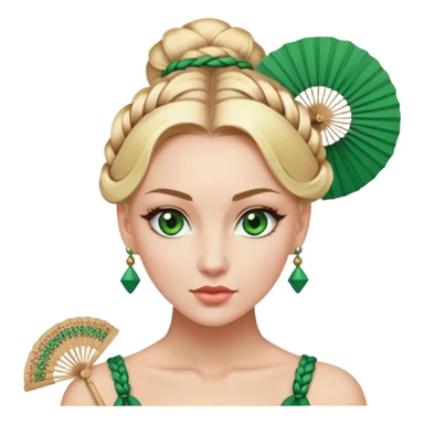 lady with Pale complexion, sharp features, high cheekbones, Blonde hair, usually styled in braided updo, green eyes accessorized with a decorative fan sticker