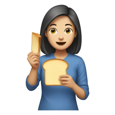 “A medium-length haired Asian woman holding a piece of toast with an egg on it in her mouth.” sticker