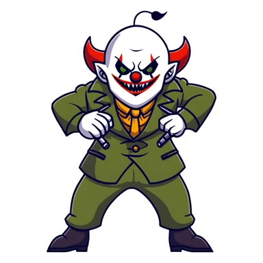 evil clown warrior, bald, small black satan-like horns on forehead, fangs, pointed ears, eye patch over one eye, long coat over black and military green leisure suit with bellbottom pants, realistically proportioned, less bulky, full body, battle-ready fighting posture sticker
