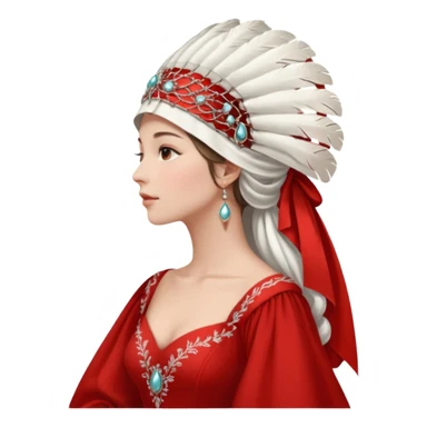 mujer de perfil con un vestido rojo de manga y falsas largas y voluptosas, y una toca blanca GRANDE que no se le ve la cara porque la toca la cubre sticker