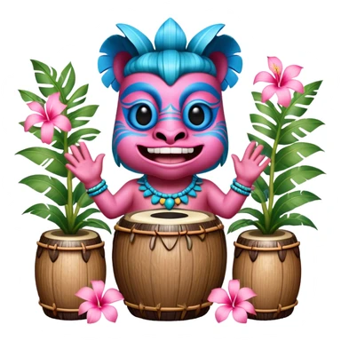 Pixar style little Blue and pink tiki singing with bongos and tropical flowers, ultra detailed and lifelike imagery, realistic sticker