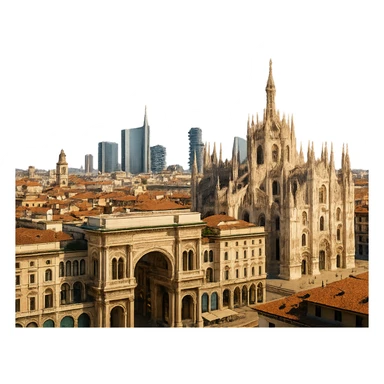 cinematic, realistic emoji of Milan, wide city view with iconic landmarks including Milan Cathedral (Duomo di Milano), Galleria Vittorio Emanuele II, modern Porta Nuova skyline, lifelike detail, accurate colors, bright daytime lighting, no sky, no clouds, fully transparent background sticker