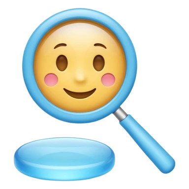 A 3D emoji-style magnifying glass, smooth rounded shapes, soft gradient blue ring, glossy plastic material, subtle highlights and reflections, simple minimal design, pastel blue color, slightly thick proportions, soft lighting, clean white background, modern emoji aesthetic, centered composition sticker