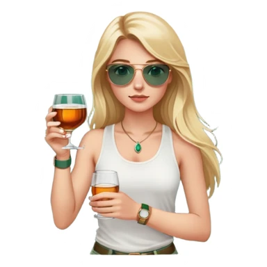 girl with long blond hair
with blue eyes
and aviator sunglasses
wearing white tank top 
holding a glass of whiskey 
wearing rose gold apple watch with forest green band  sticker