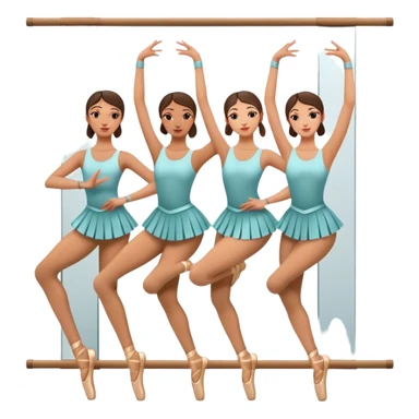 Icon for Choreography: a group of dancers in identical poses, standing by a wall with all wall long mirror, holding a long barre with one hand. The icon should capture the discipline and synchronized movement of dance training. Transparent background. sticker