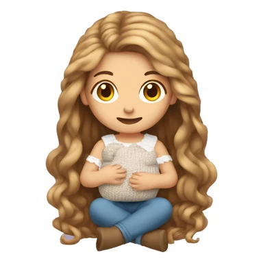woman with very long light brown hair sitting on the ground crocheting baby clothes sticker