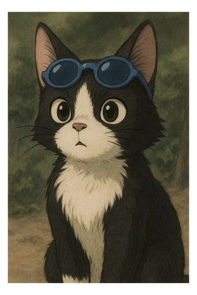 black and white cat wearing blue sunglasses in ghibli style sticker