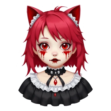 Shiny furry beautiful cute cool gorgeous attractive cute gothic anime cat-girl-Lolita-lady in Lolita dress with bloody hair, bloody lips, bloody face, blood-choker, spiked collar, frills, black dress, red rubies, messy tousled hair  sticker
