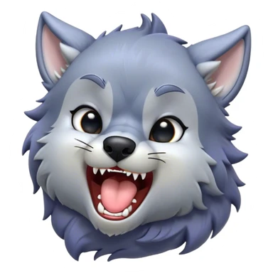 Cinematic Cute Yawning Werewolf Portrait Emoji, with a cuddly, miniature lupine form in soft moonlit grays and silvers, head leaning back in a big, adorable yawn that reveals a few fuzzy teeth, simplified yet irresistibly charming, highly detailed with a soft glowing outline that captures the drowsy, playful essence of a werewolf mid-nap! sticker