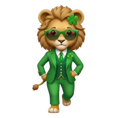 confident anthropomorphised female lion in St. Patrick's Day green clothes with shamrock accessories, dark sunglasses, walking upright, looking self-assured sticker