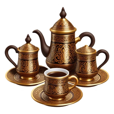 Turkish Coffee Set – Cinematic Realistic Turkish Coffee Set, depicted as an elegantly arranged ensemble of ornate coffee cups and a traditional cezve pot, adorned with intricate patterns and rich, warm colors, rendered with detailed textures and soft ambient lighting that captures its cultural heritage. sticker