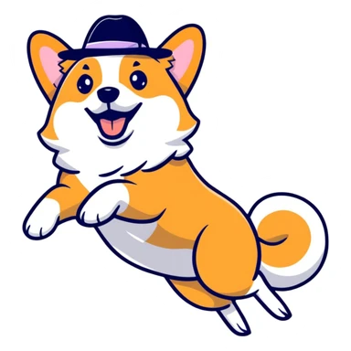 jumping corgi dog with a cute hat sticker