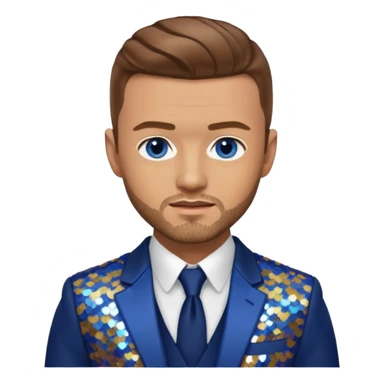Justin Timberlake with light brown hair, blue eyes, sequin navy blue suit jacket sticker
