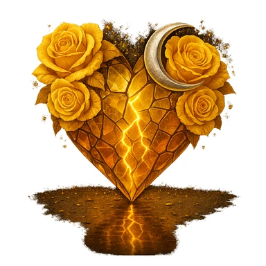Edit the gothic heart to be formed from splintered deep yellow glass, a silver crescent moon, yellow roses, sparkling holographic stardust, neon lightning, and a wet, reflective surface. Keep the background transparent. The style should maintain the gothic heart's original aesthetic with these new elements. sticker