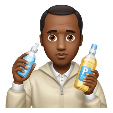 P Diddy aka Sean Combs holding baby oil sticker