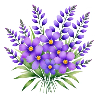 "A lush bouquet of purple wildflowers with a watercolor texture."
 sticker