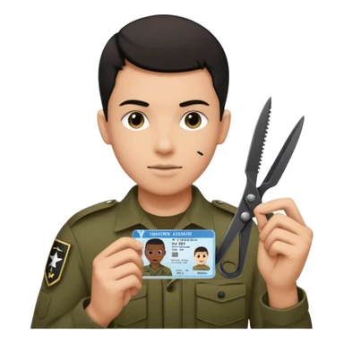 Floating black Scissors cutting in half an idf soldier ID card with a little chip in 2 parts .hyper realistic sticker