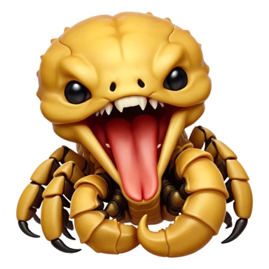 Cinematic Cute Yawning Emperor Scorpion Portrait Emoji, Head tilted slightly with a dramatic, wide-open yawn, showcasing a soft, textured exoskeleton with subtly drooping pincers and half-closed eyes in drowsy contentment, Simplified yet irresistibly adorable features, highly detailed, glowing with a soft, cozy glow, high shine, relaxed yet expressive, stylized with a dash of desert charm, soft glowing outline, capturing the essence of a sleepy yet affectionate scorpion that seems ready to stretch out for a nap! sticker